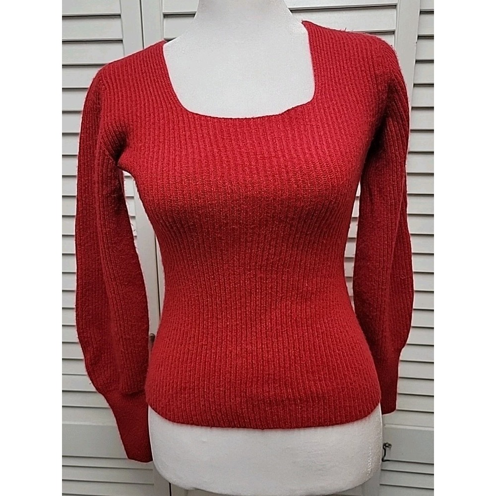 Madewell SZ S Cherry Red Wool Cashmere Blend Sweater Blouson Sleeves Square Neck